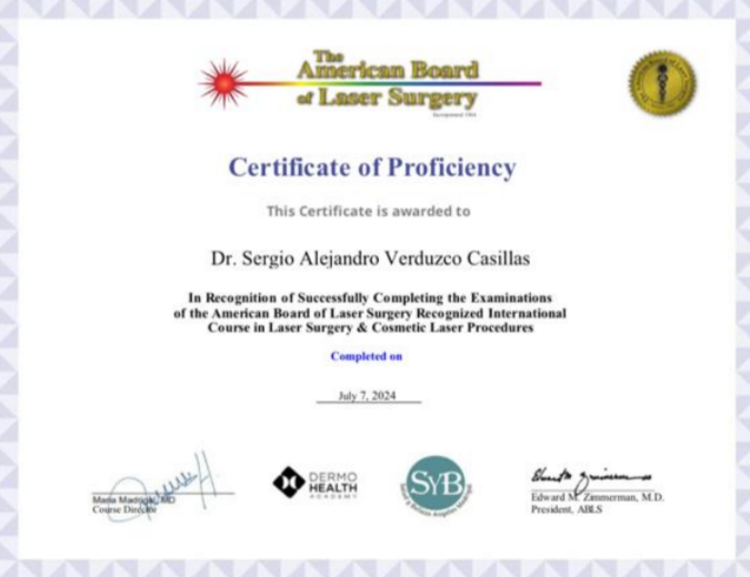 Certificado por la American Board of Laser Surgery en Cirugía Láser y Procedimientos Láser Cosméticos.